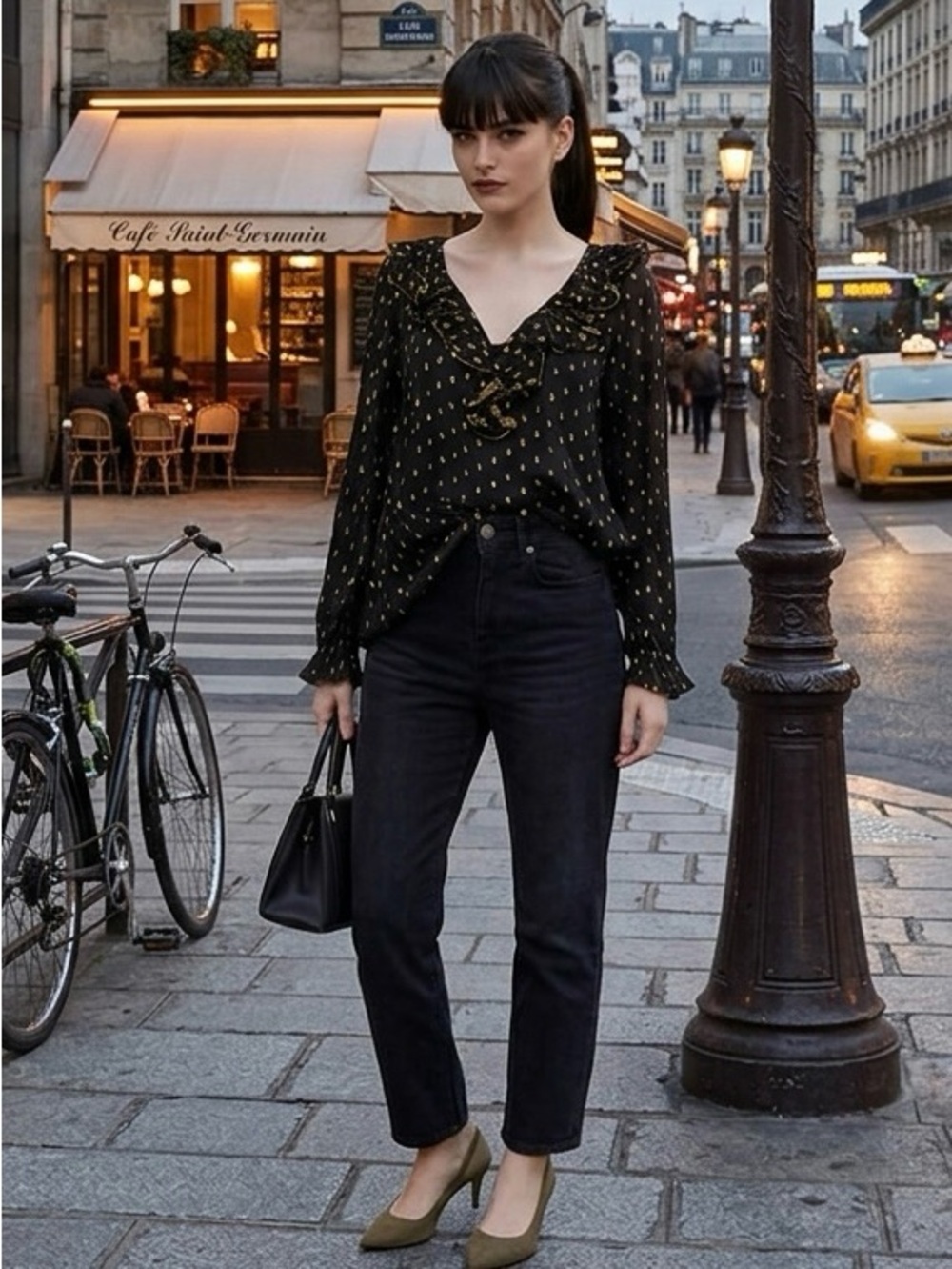Sandro Black Metallic Dots Ruffle Blouse V Neck Long Sleeve Dressy Top